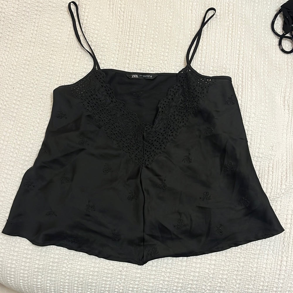 Zara Satin Effect Tank with Embroidered Eyelet Details Size Large